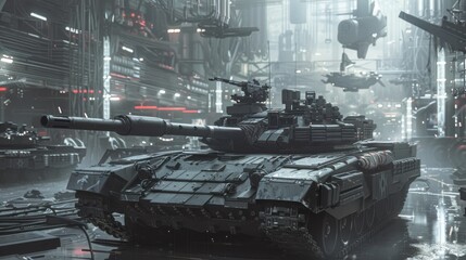 Fototapeta premium Futuristic Tank with Railguns at High-Tech Military Base Surrounded by Advanced Machinery