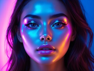 Obraz premium A beautiful lady with neon-colored makeup in neon lighting.
