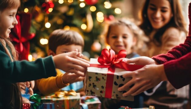 The joyous moment of children receiving a gift at the holiday celebration.