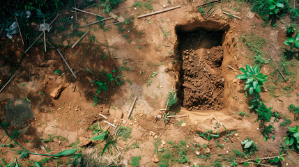 Obraz premium Illustration of a recently dug, not very deep, open grave. Grave opened for an upcoming burial.