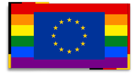 creative abstract flag of European Union and LGBTQ as Lesbian, gay, bisexual, transgender and queer as LGBTQ+ with border left and border right of the flag of France