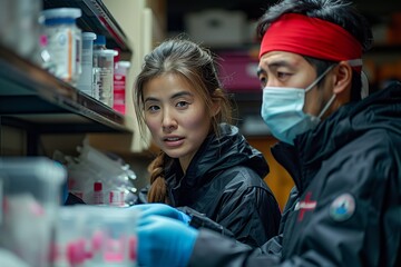 Obraz premium Woman and Man in Black Jackets Working in Laboratory Setting