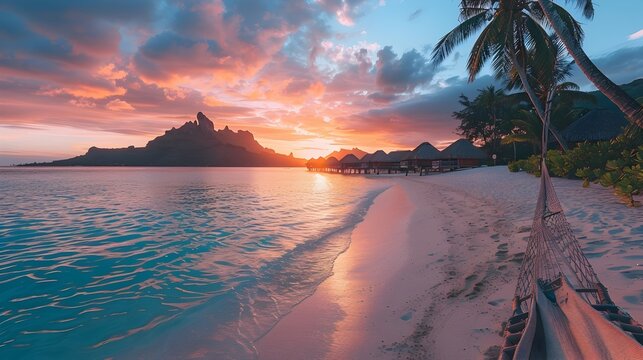 Breathtaking Sunset Over Pristine Tropical Beach with Overwater Bungalows in Bora Bora