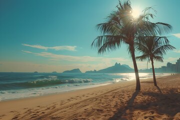 Obraz premium Tranquil Beachscape of Copacabana in Brazil with Swaying Palm Trees and Turquoise Waves