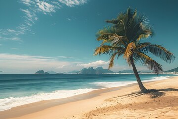Obraz premium Tranquil Beachscape of Copacabana Beach in Rio de Janeiro,Brazil with Swaying Palms and Turquoise Waves
