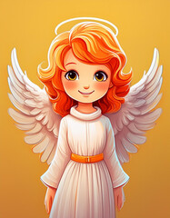 Fototapeta premium Cute cartoon angel with ginger hair and white wings on a yellow background