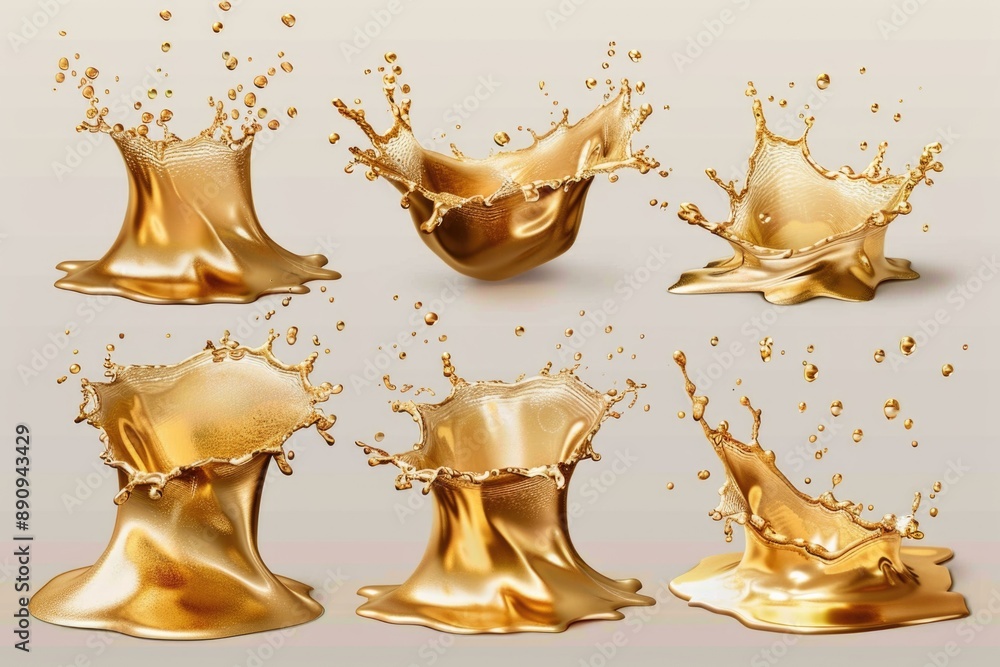 Poster close-up shot of golden liquid splashing on a white surface, ideal for use in creative projects and 