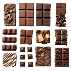 Obraz premium Assortment of Milk, Dark, and White Chocolate Bars, Pieces, and Chunks on White Background