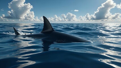 Naklejka premium A shark fin breaks the surface of the ocean, with a blue sky and fluffy white clouds above.