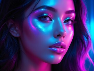 Obraz premium A stunning woman with vibrant neon makeup under neon lights.