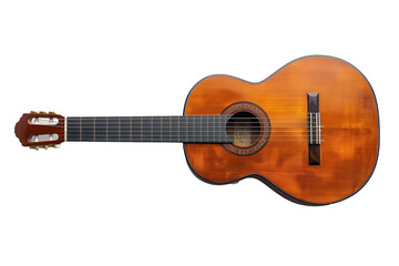 Acoustic Guitar With Six Strings and Wooden Body Isolated on White Background