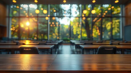 Empty Wooden Table With Blurred Background of A Sunny Cafeteria