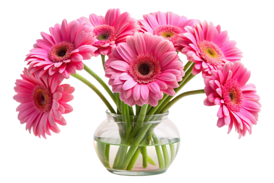 Bouquet of vibrant pink Gerbera daisies in a clear glass vase. Perfect for floral arrangements, gifts, or home decor.