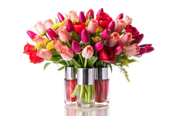 Vibrant Bouquet of Colorful Tulips in Modern Vases. A Stunning Floral Arrangement for Spring