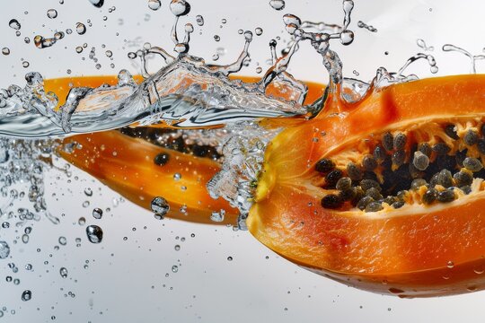Maradol Papaya falling into the water with a splash on a white background