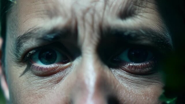 The subjects eyes widen in surprise and fear as the camera focuses on a rustling bush imagining soing or someone watching them from the shadows.