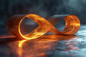Glowing Infinity Symbol in Dark Ambient Light with Reflective Surface and Abstract Background