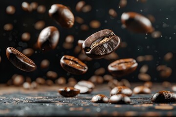 Fototapeta premium A creative scene with a bunch of coffee beans suspended in mid-air, perfect for illustrations and designs related to food, beverage, or whimsical themes