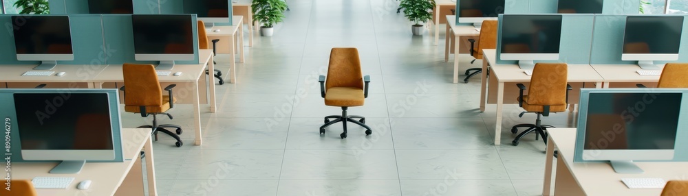 Poster modern empty office space with desks, computers, and chairs, creating a professional working environ