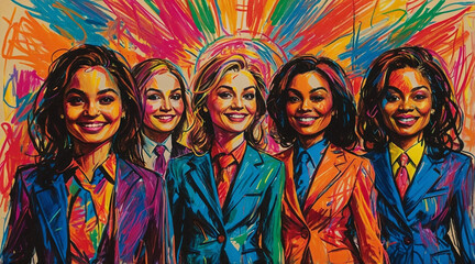 Happy International Women's day illustration, group of happy diverse women in suits of different races