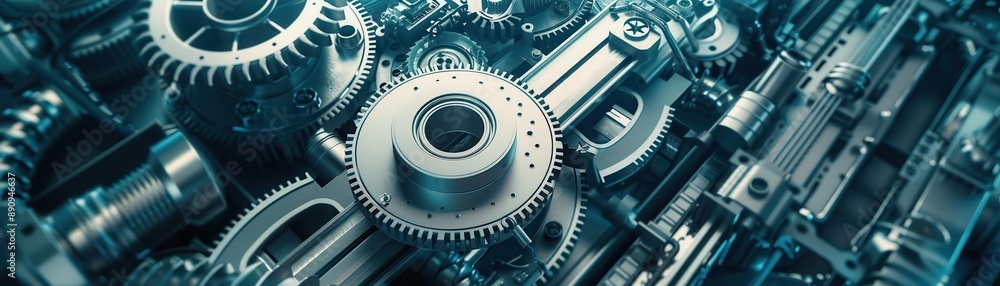 Poster close-up of metallic gears and machine parts showcasing mechanical engineering and industrial precis