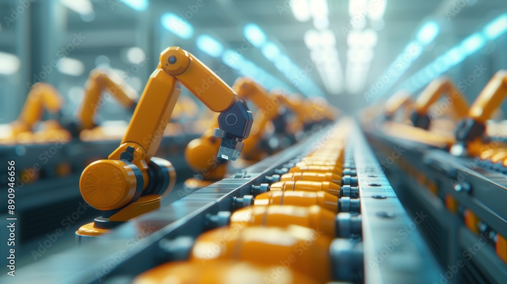 Poster automated robotic arms working on a production line in a modern factory, showcasing advanced industr