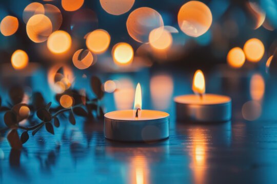 serene tealight candles with warm bokeh lights on blue backdrop