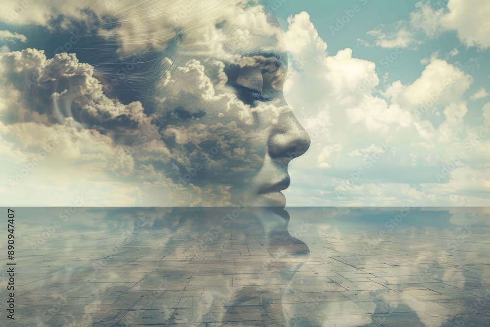 Poster a portrait of a woman's face with soft, white clouds in the background, perfect for use in editorial