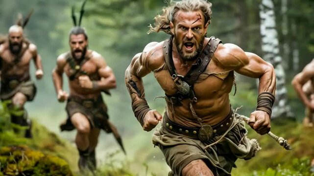 Celtic Warriors Run Toward Camera Attacking Through the Woods with face Paint and Tattoos and Primitive Weapons