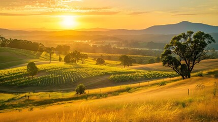 Fototapeta premium Golden summer sunset or sunrise light casting over the landscape