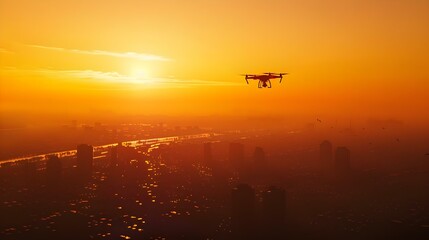 Cityscape with silhouette of drone flying at sunset