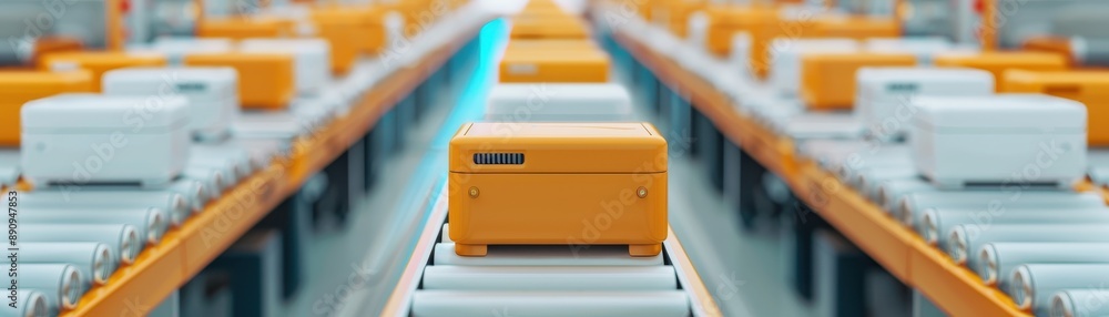 Poster automated warehouse system with conveyor belts moving boxes efficiently for storage and shipping. mo