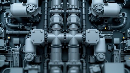Obraz premium Close-up view of industrial machine engine component with pipes and connectors, showcasing intricate engineering and technology.