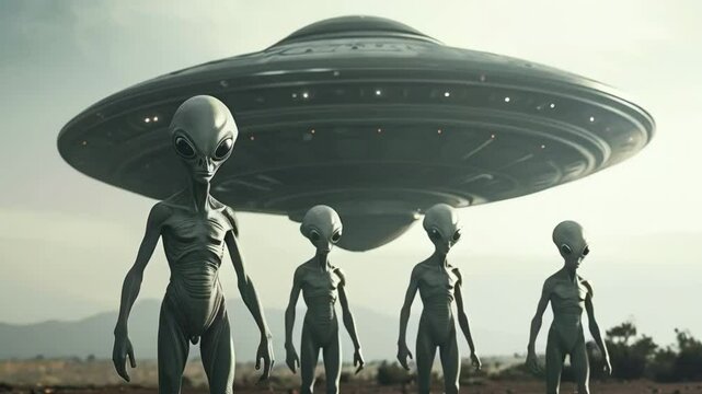 Grey Extraterrestrial Aliens with their UFO Space Craft in an Animated View of a Landing