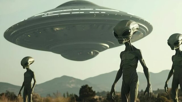 Grey Extraterrestrial Aliens with their UFO Space Craft in an Animated View of a Landing