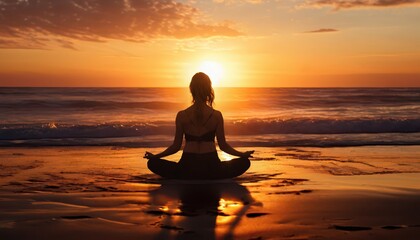 Fototapeta premium Woman Meditating on a Sandy Beach at Sunset.