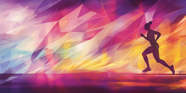 Woman is running in a colorful geometric landscape