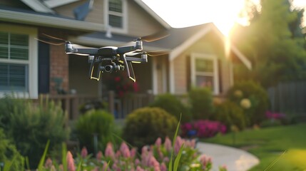 Drone flying in front of home