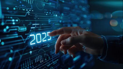 Hand Pointing at 2025 on Futuristic Interface