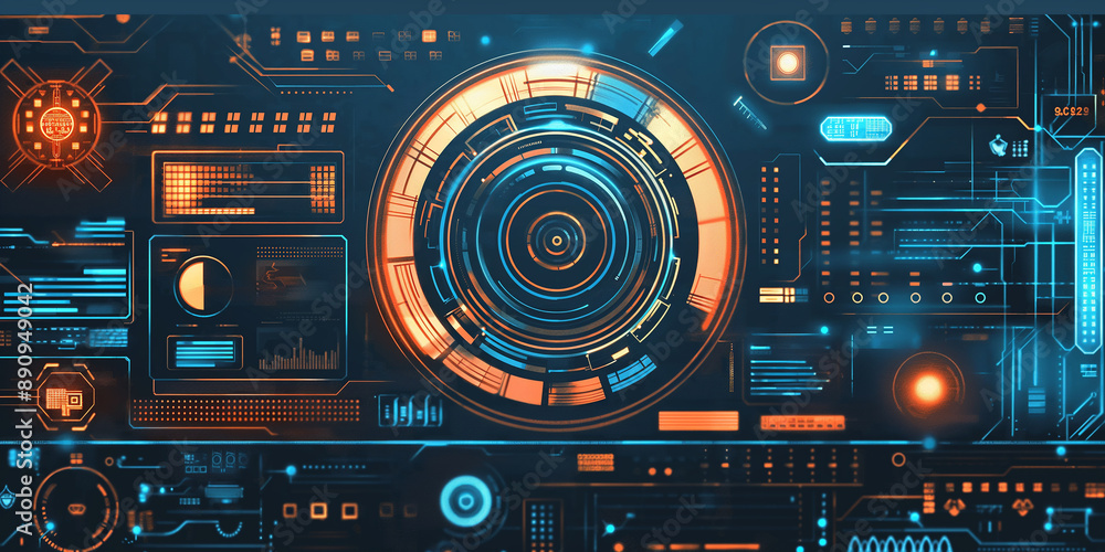 Poster Digital interface showing rotating mechanisms and complex data analysis