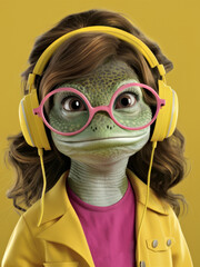 Stylish Anthropomorphic Lizard with Glasses and Headphones on Yellow Background