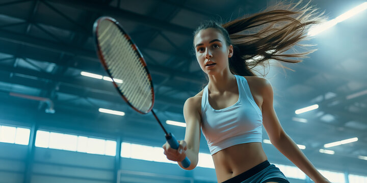 Professional badminton player performing line smash during training session