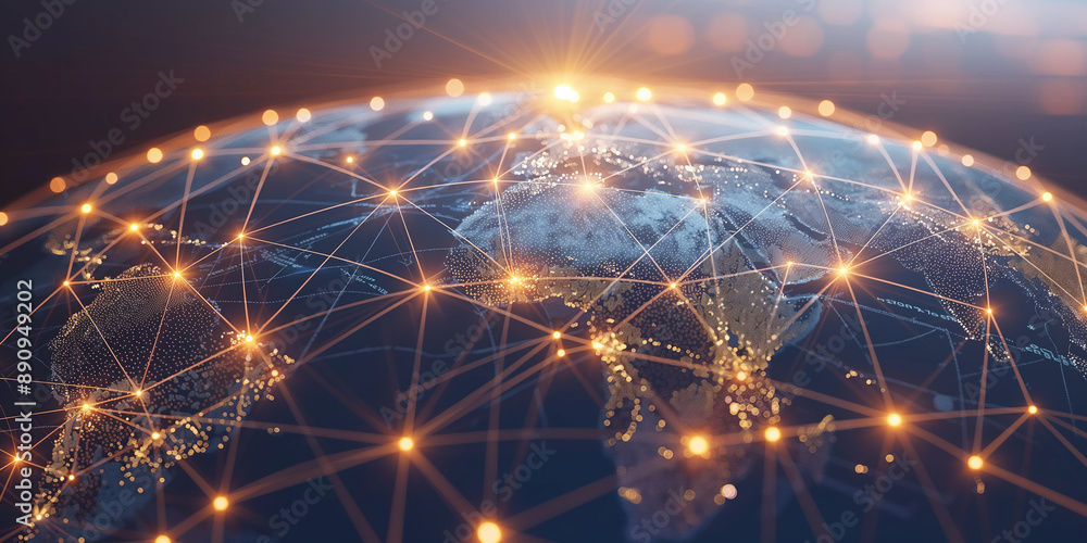 Poster global network connecting cities around the world with light beams