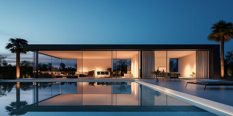 Fototapeta premium Modern minimalist home with pool reflecting twilight sky