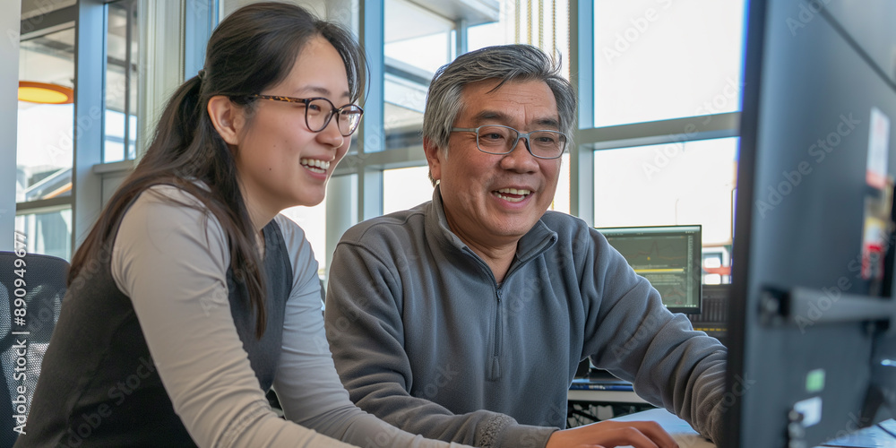 Poster Two software developers working together laughing at code on computer screen