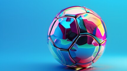 Abstract glowing neon colored soccer ball over blue background. 