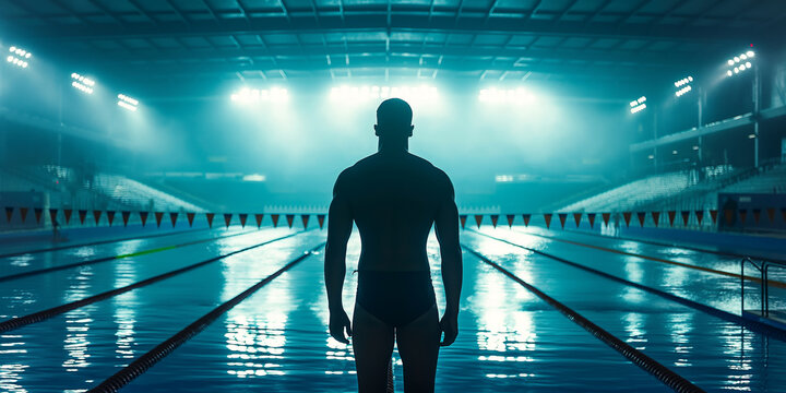 Muscular swimmer standing on edge of pool in competition venue at night