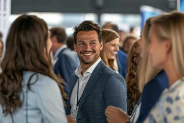 Obraz premium A charismatic exhibitor man, accompanied by two women, investigates the latest technological innovations showcased at trade shows.
