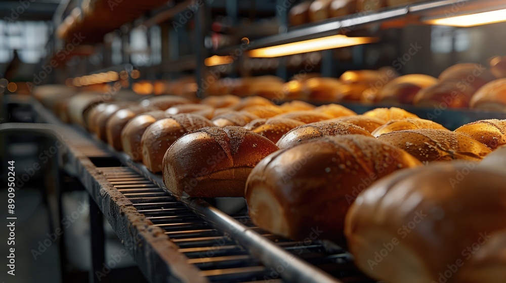 Poster a close-up shot of a conveyor belt filled with numerous doughnuts, ideal for food-related or commerc