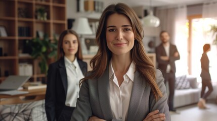 Obraz premium Next-generation professionals, led by a young businesswoman, gathered in a boardroom setting, showcasing their readiness to innovate and lead the family business into the future.